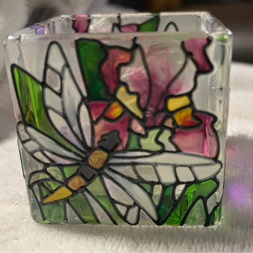 Stained Glass Dragonfly and Iris Candle Holder Hand Painted. - Picture 3 of 5